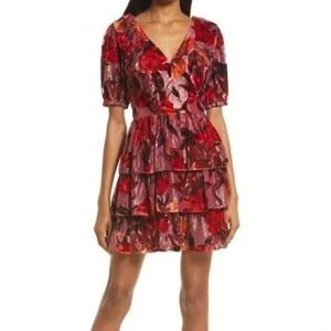 Adelyn Rae Dress XS Cherry Red Khalia Velvet Burnout Ruffle Tiered Mini Girly